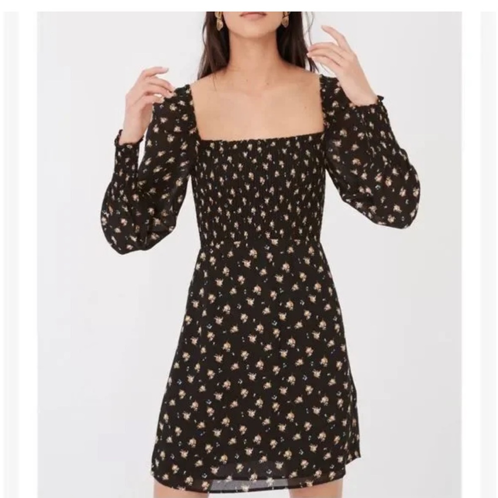 Maje Black Floral Smocked Square-Neck Mini Dress